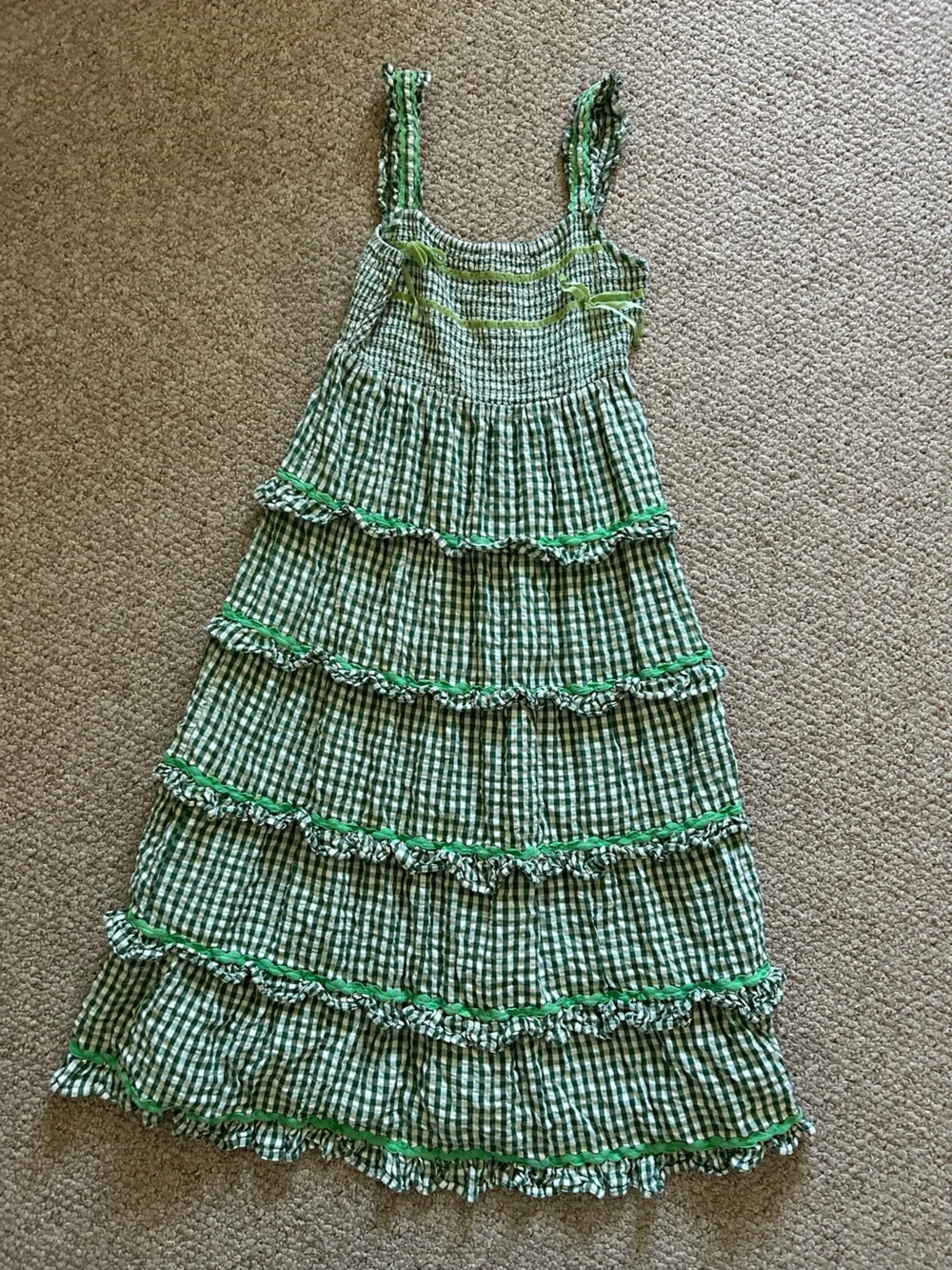Anthropologie Neon Rose Gingham Ruffle Maxi Green Dress size L - Picture 6 of 10
